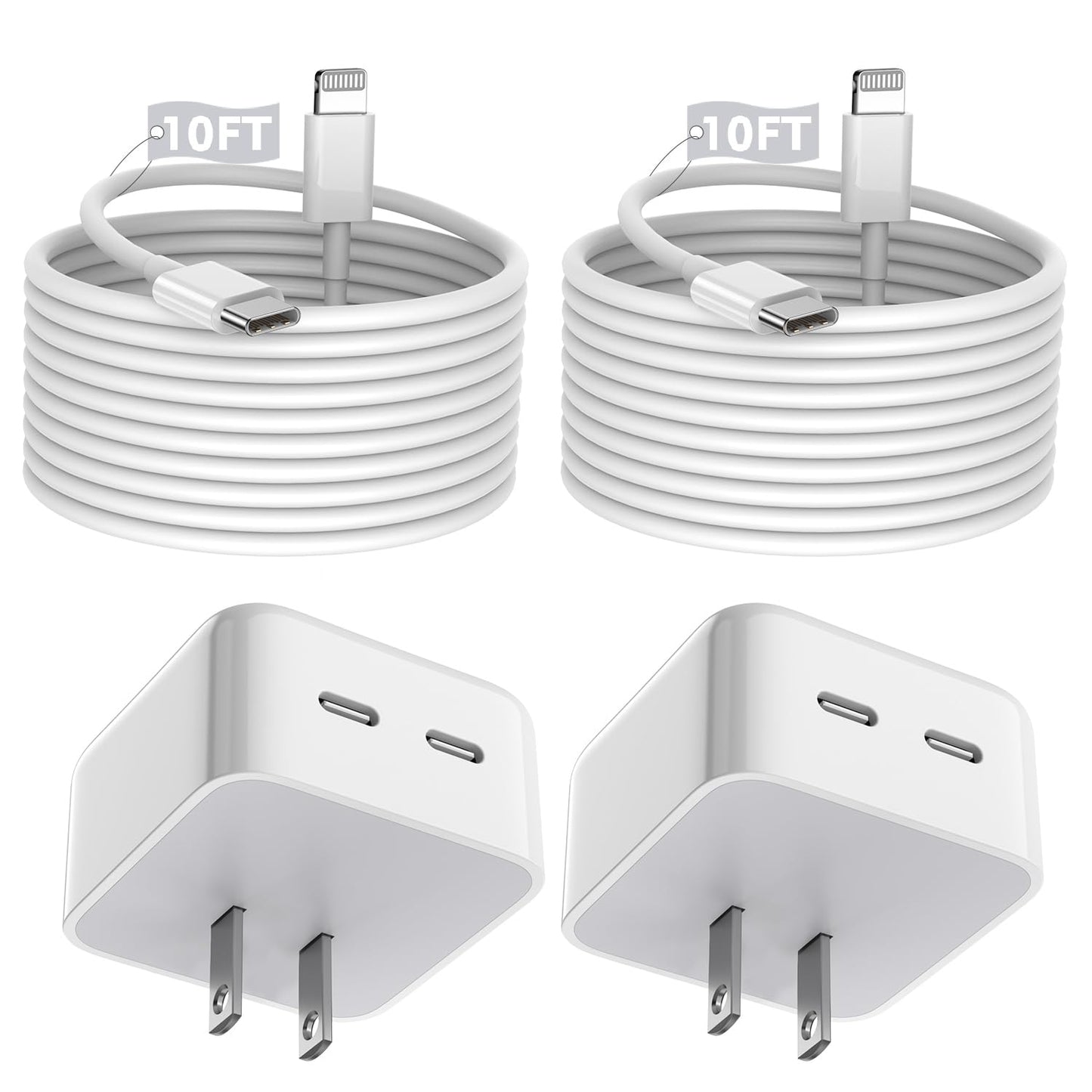 Fast Charge 2-Pack Apple Wall Charger Set with 10FT Cable - MFi Certified