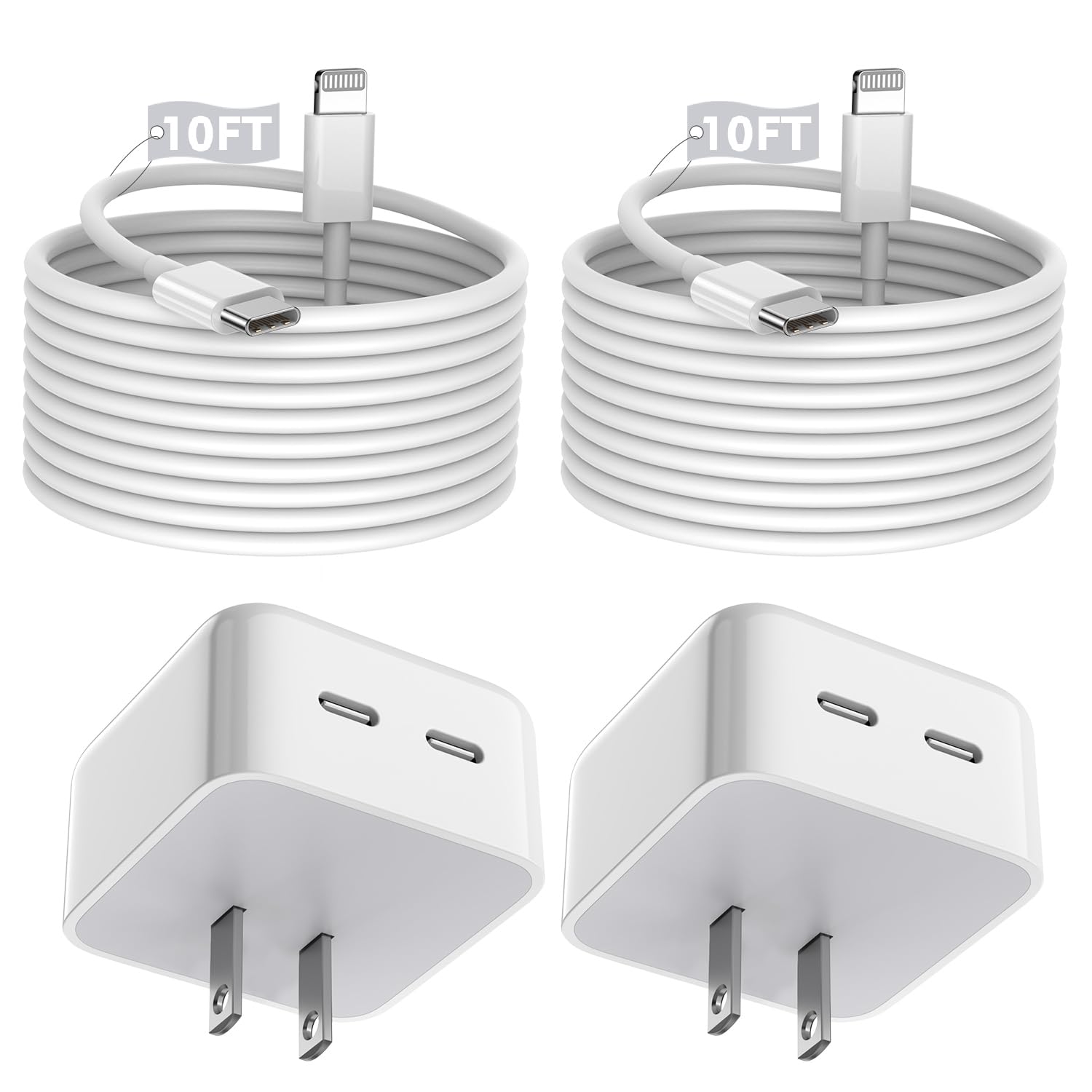 Fast Charge 2-Pack Apple Wall Charger Set with 10FT Cable - MFi Certified