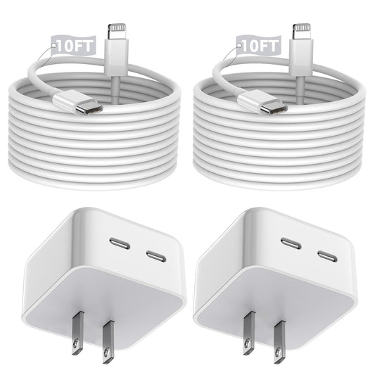 Fast Charge 2-Pack Apple Wall Charger Set with 10FT Cable - MFi Certified