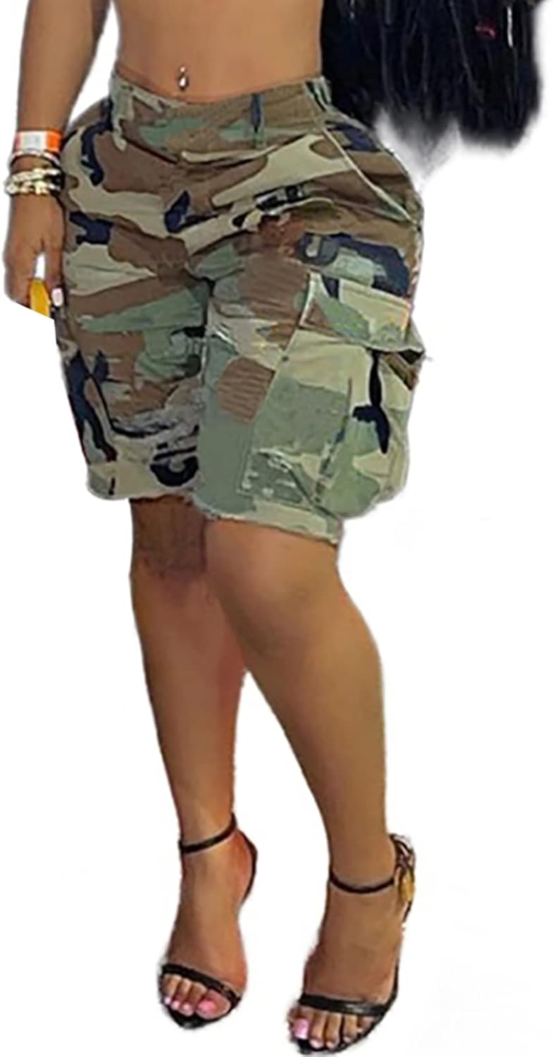 Camo Cargo Shorts for Women - Slim Fit Casual Army Style