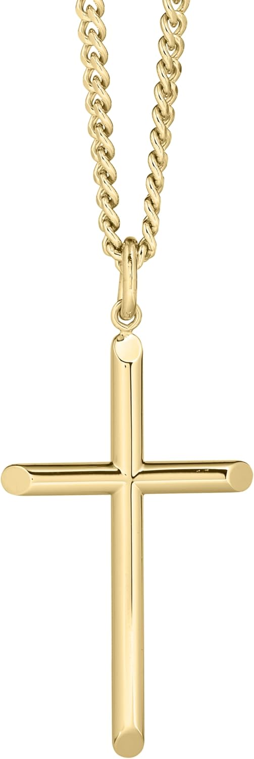 Mens Solid Tubular Cross Pendant Necklace in 14K Gold-Filled