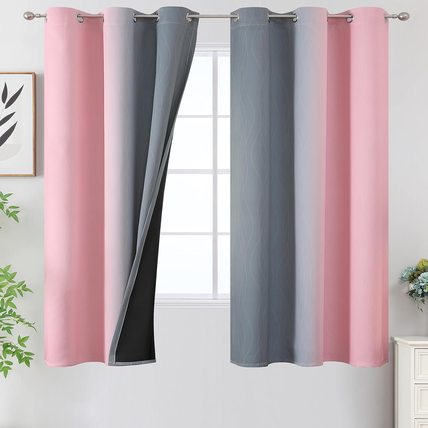 Ombre Gray and Pink Blackout Curtains for Kids Room 63 Inch