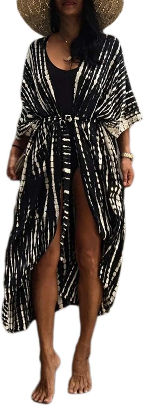 Bsubseach Stylish Tie Dye Open Front Long Kimono Cover Up
