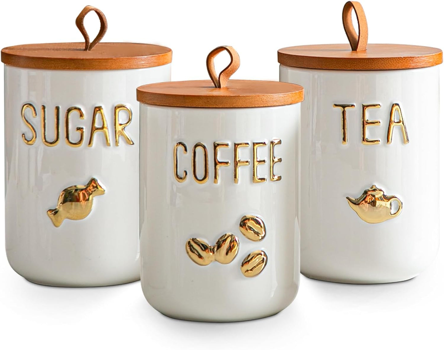 White Ceramic Canister Set for Coffee Tea Sugar Storage