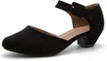 Women Suede Black Ankle Strap Low Chunky Heel Pumps - Comfortable Work