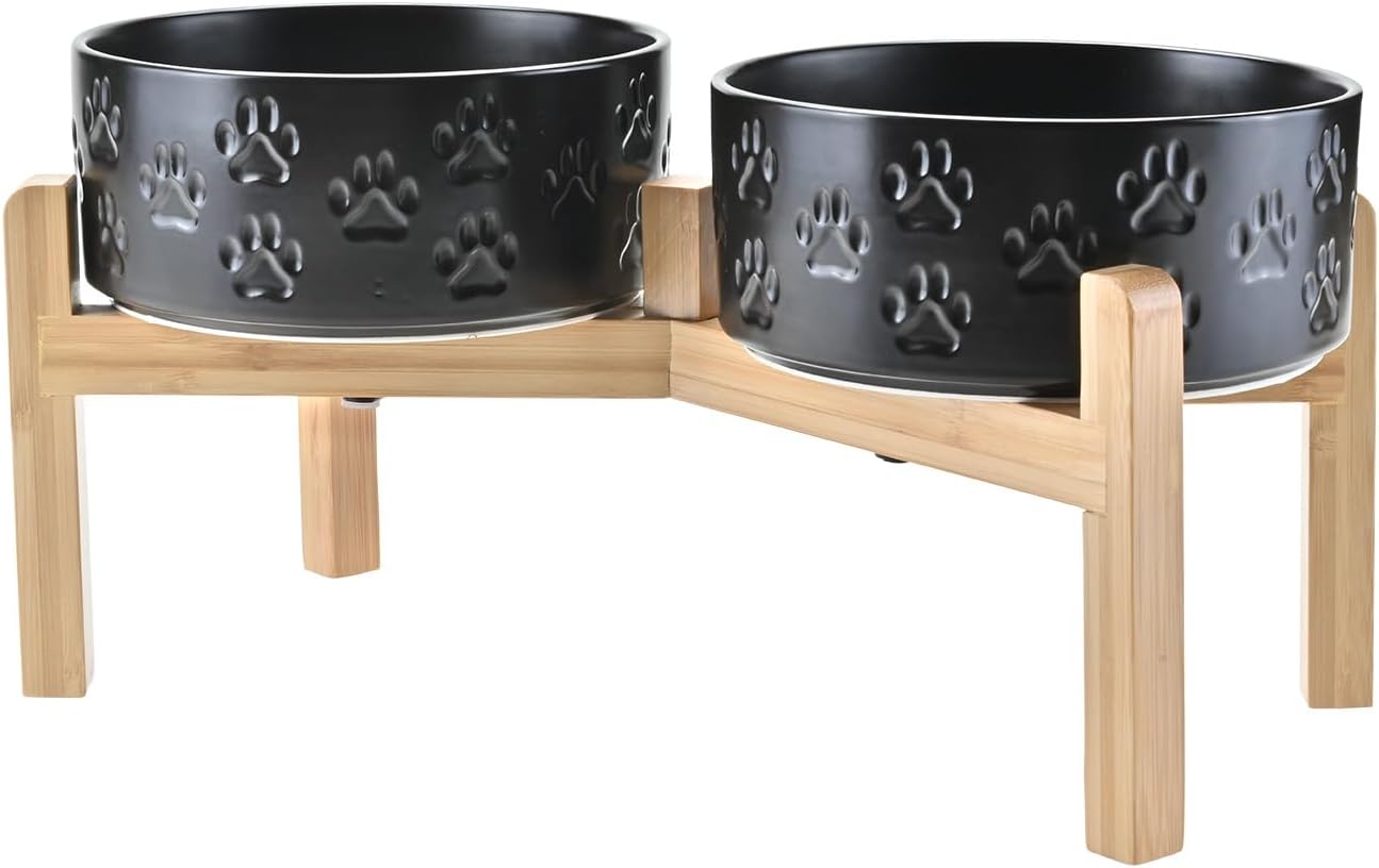 Elevated Dog Bowls Ceramic with Non-Slip Bamboo Stand for Pets