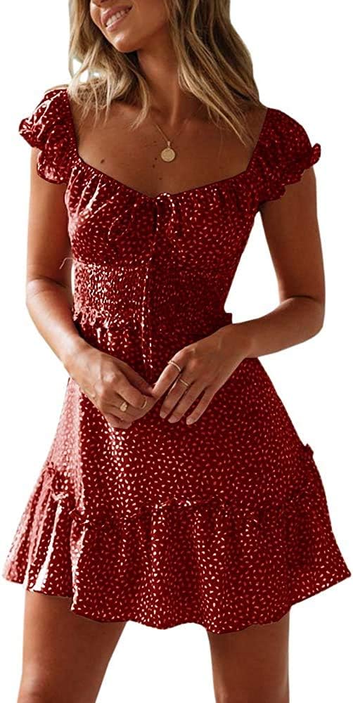 Valphsio Womens Smocked Dress Ruffle Floral Tie Front Boho Style