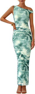 One Shoulder Floral Maxi Dress - Flattering Ruched Mesh Fit