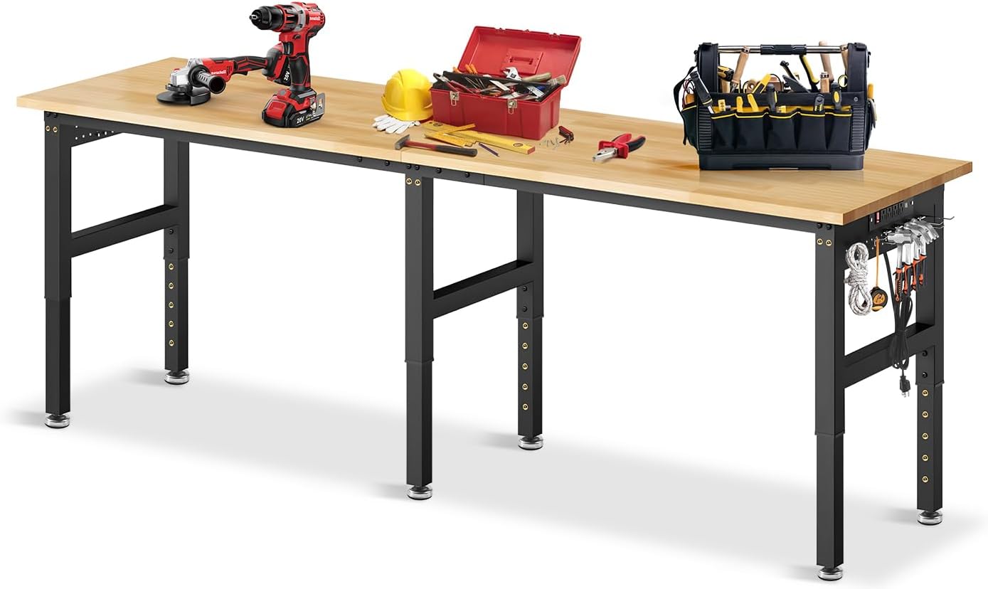96 Adjustable Work Bench with Power Outlet & Pegboard Features