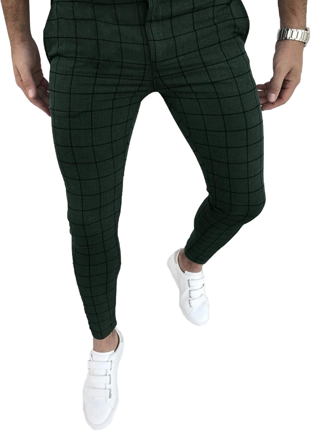 Men's Fashion Stretch Dress Pants Slim Fit Plaid Casual Style