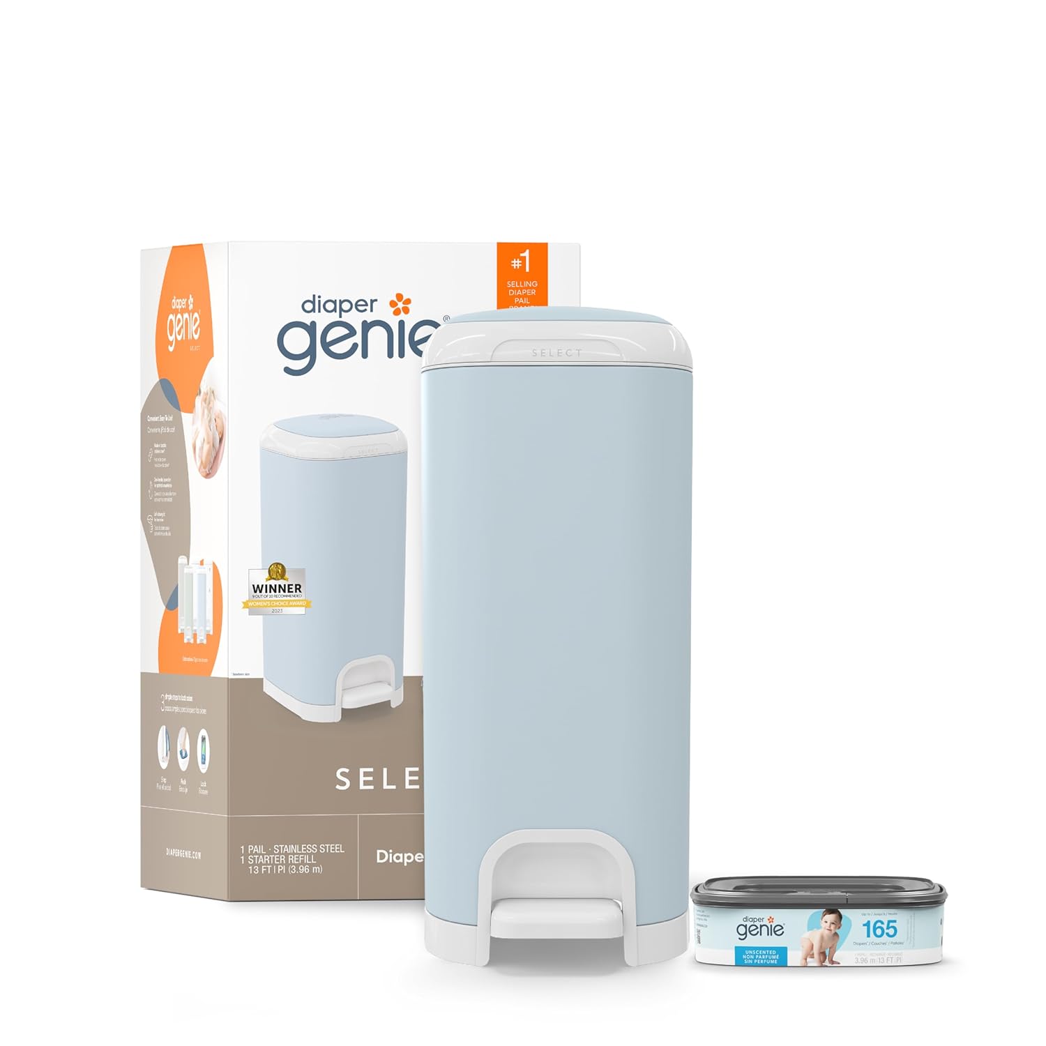 Diaper Genie Select Pail in Blue - Durable Stainless Steel Design