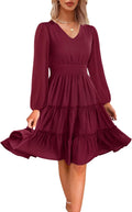 Women 2025 Smocked Waist Tiered Midi Dress - V Neck Flowy