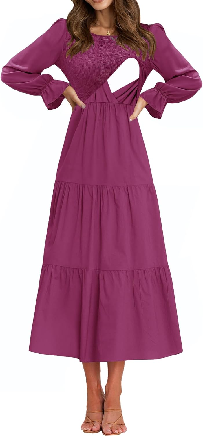 Women's Nursing Dress with Flounces Long Sleeve and Pockets