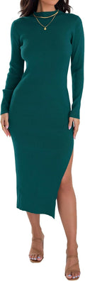 Ribbed Knit Mock Neck Sweater Dress - Slim Fall Midi Dress Pullover