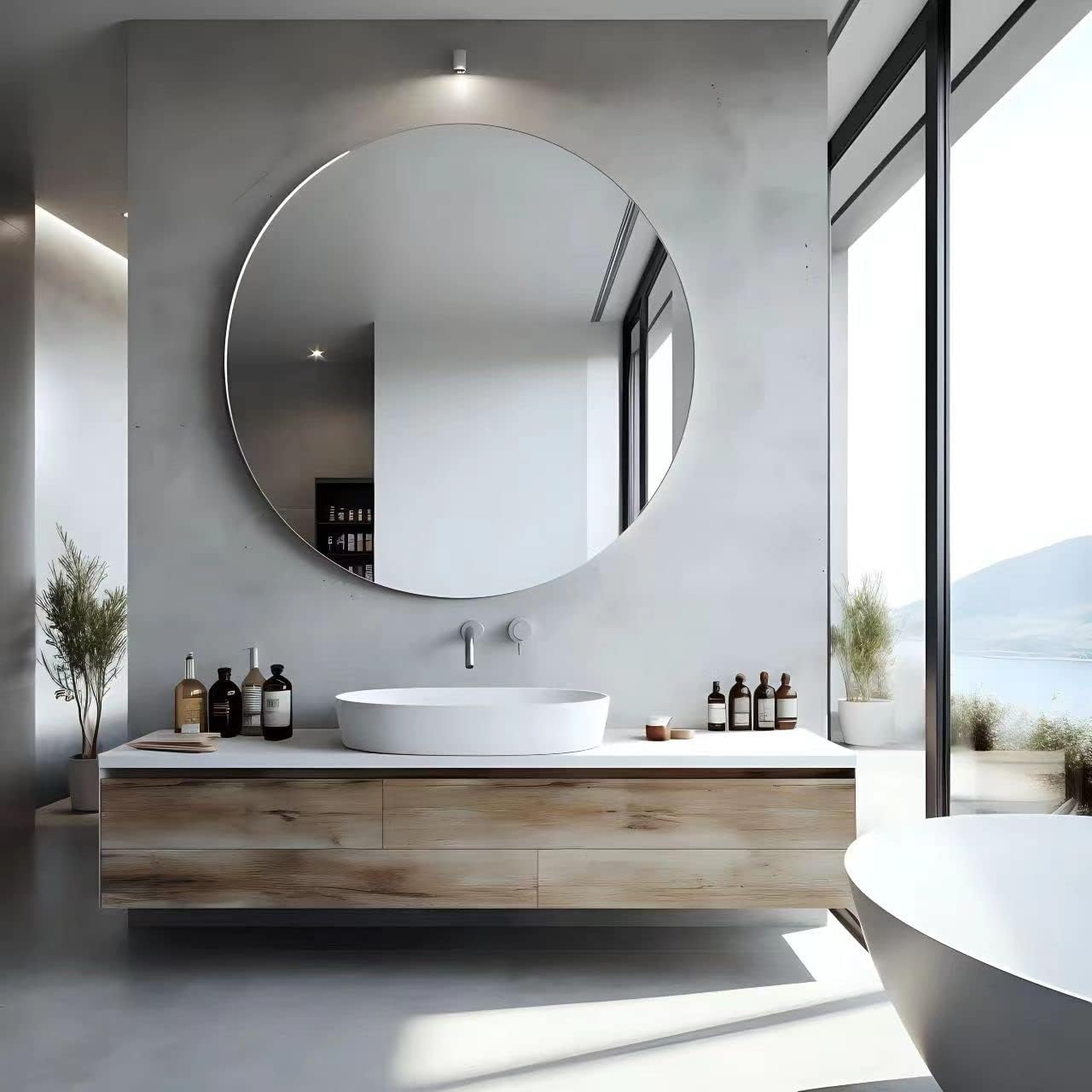 36 Inch Round Frameless Wall Mirror with Beveled Edge Design