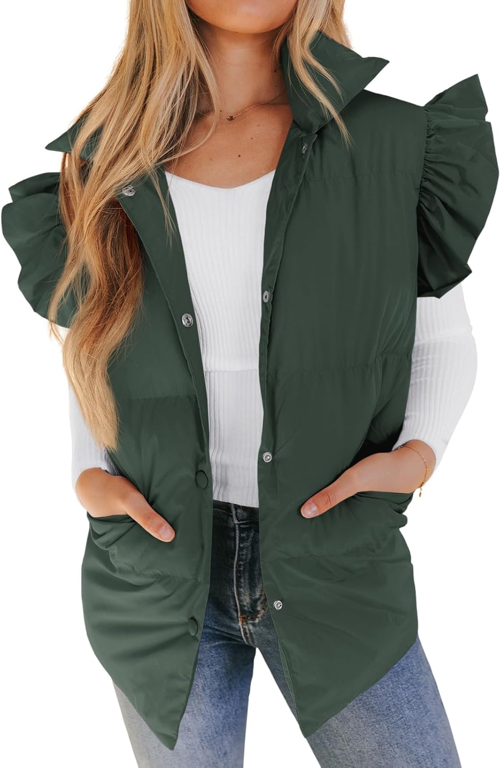 Valphsio Women's Puffer Vest with Ruffle Sleeves and Pockets