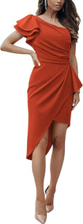 One Shoulder Cocktail Dress - Elegant Ruffle Wrap Bodycon Club