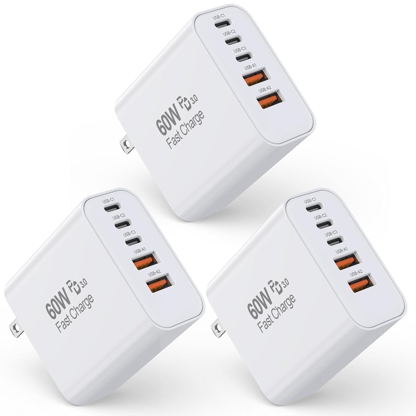 3-Pack 60W Fast Charging USB C Wall Charger Block for iPhone
