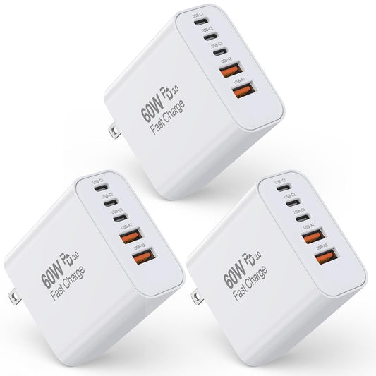 3-Pack 60W Fast Charging USB C Wall Charger Block for iPhone