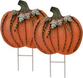 Metal Pumpkin Garden Stakes Yard Sign Set of 2 - Bright Fall Lawn Art