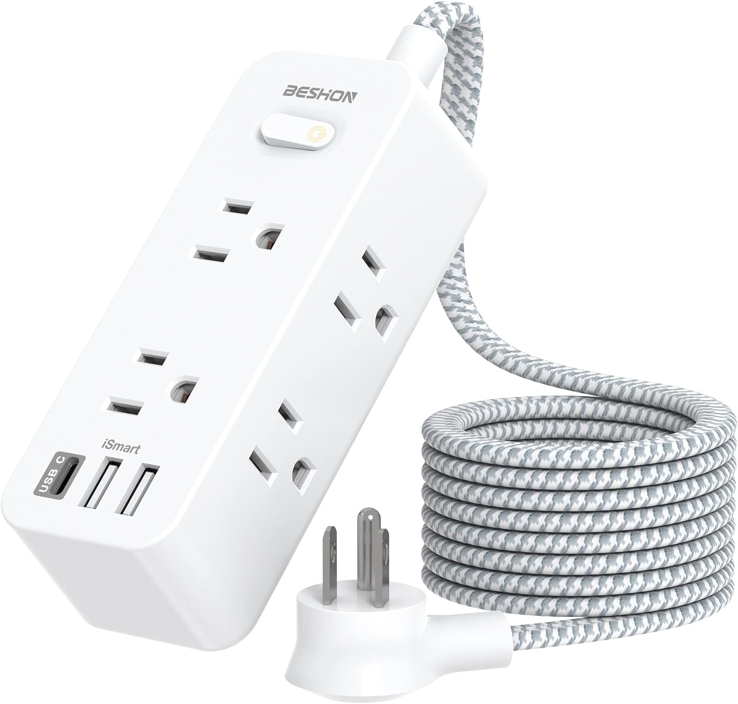 BESHON Power Strip Surge Protector: 6 Outlets, 3 USB Ports, Compact Design