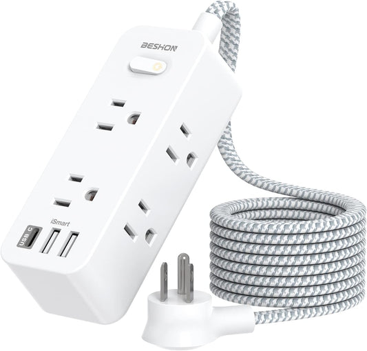 BESHON Power Strip Surge Protector: 6 Outlets, 3 USB Ports, Compact Design