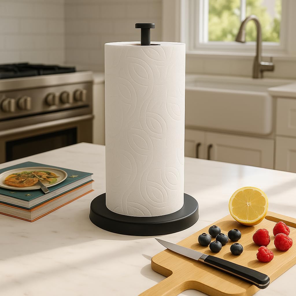 Matte Black Paper Towel Holder with Weighted Base for Kitchen