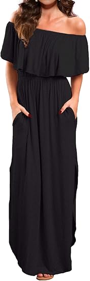 VERABENDI Women's Off Shoulder Summer Casual Maxi Dress with Pockets