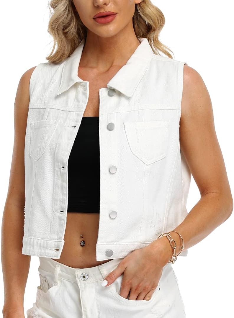 Womens Denim Jean Vest Classic Cropped Distressed Jacket