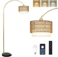 Arc Floor Lamp with Rattan & Linen Shades - Adjustable Gold Standing