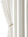 Pure White Pom Pom Velvet Blackout Curtains 96 in - Cozy Darkening