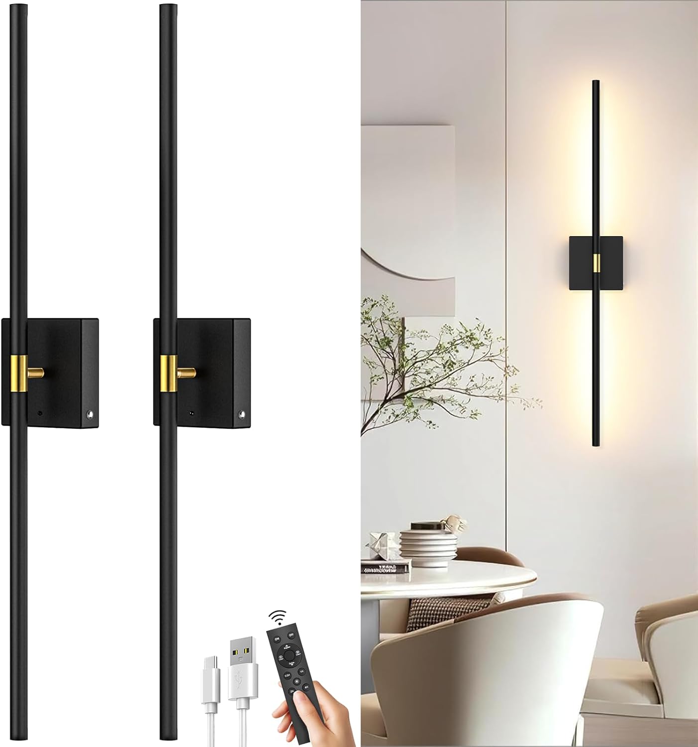 Battery Operated Wall Sconce Set of 2: Modern Wireless Lights
