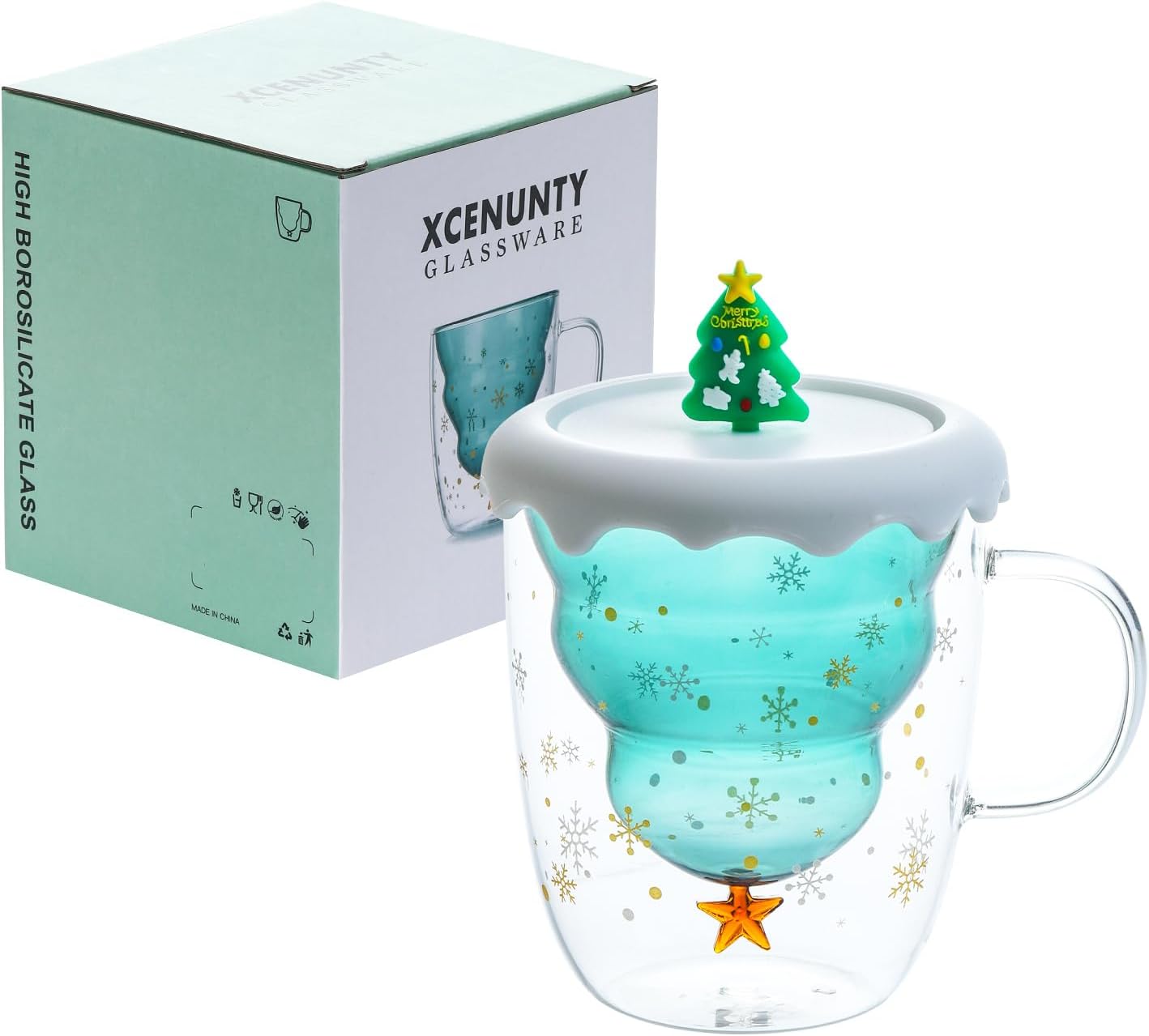 Christmas Santa Lid Double-Layer Glass Coffee Cup - 8oz Insulated Teacup
