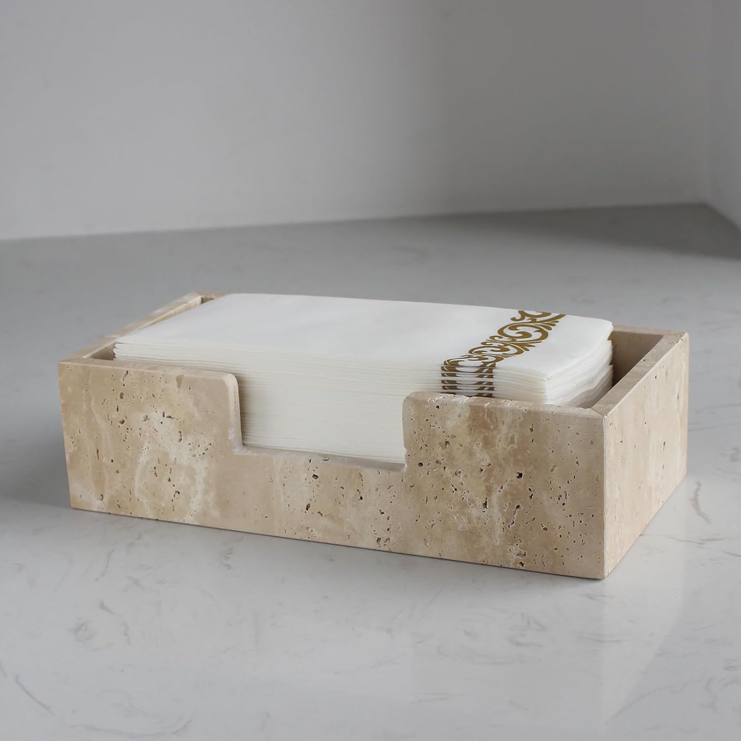Natural Travertine Napkin Holder for Kitchen and Bathroom Use