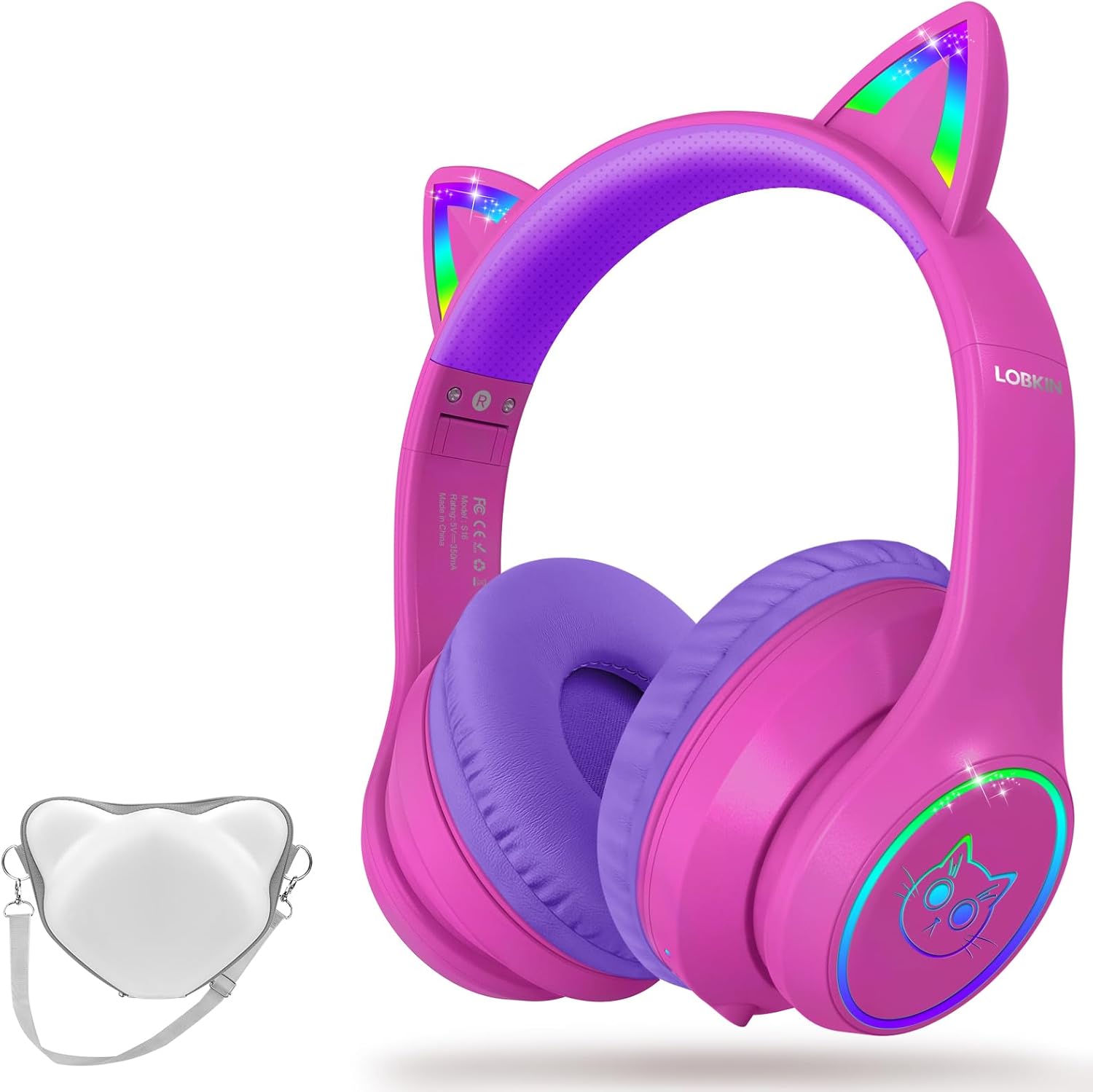 LOBKIN Bluetooth 5.4 Kids Headphones with RGB LED Cat Ears