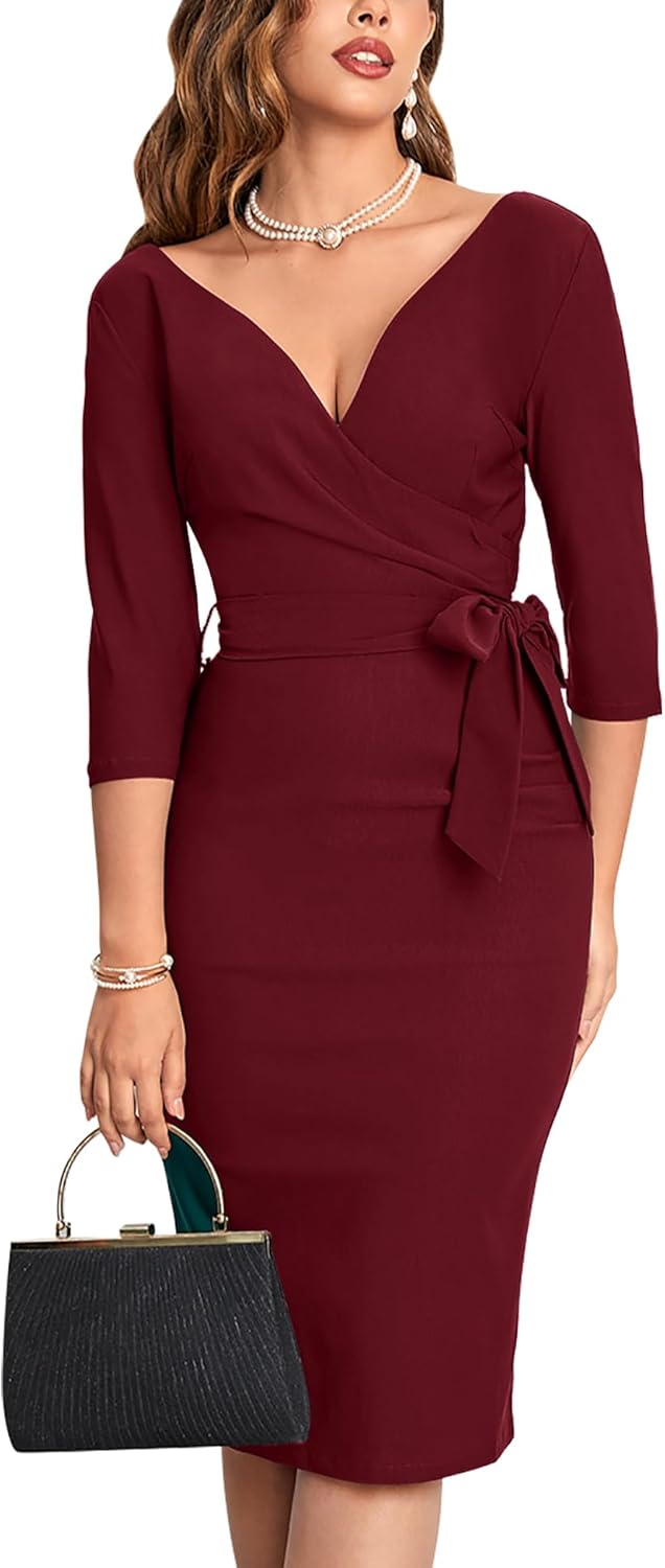 MUXXN Women's Vintage Faux Wrap V Neck 3/4 Sleeve Dress