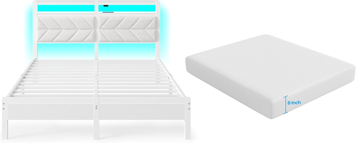Seventable Queen Size Bed Frame with Charging Station and LED