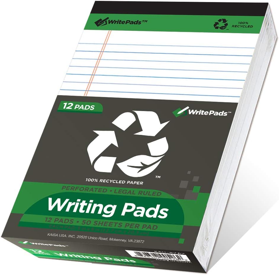 KAISA Small Legal Pads, College Ruled, Recycled Paper, 50 Sheets x 12 Pads