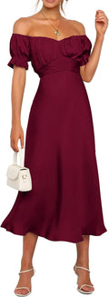 Off Shoulder Satin Midi Dress - Elegant Wedding Guest Wrap Midi