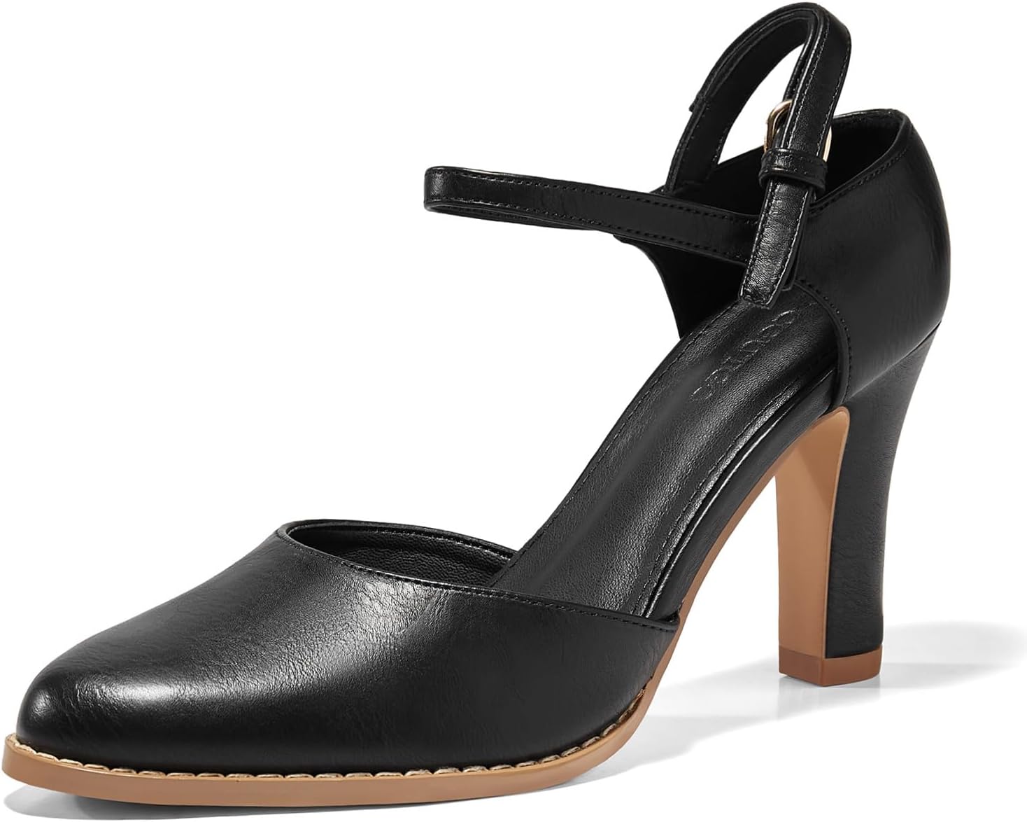 Coutgo Womens Chunky High Heels Closed Pointed Toe Ankle Strap Pumps