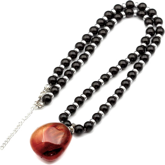 Natural Raw Tourmaline Pendant with Black Onyx Beaded Necklace