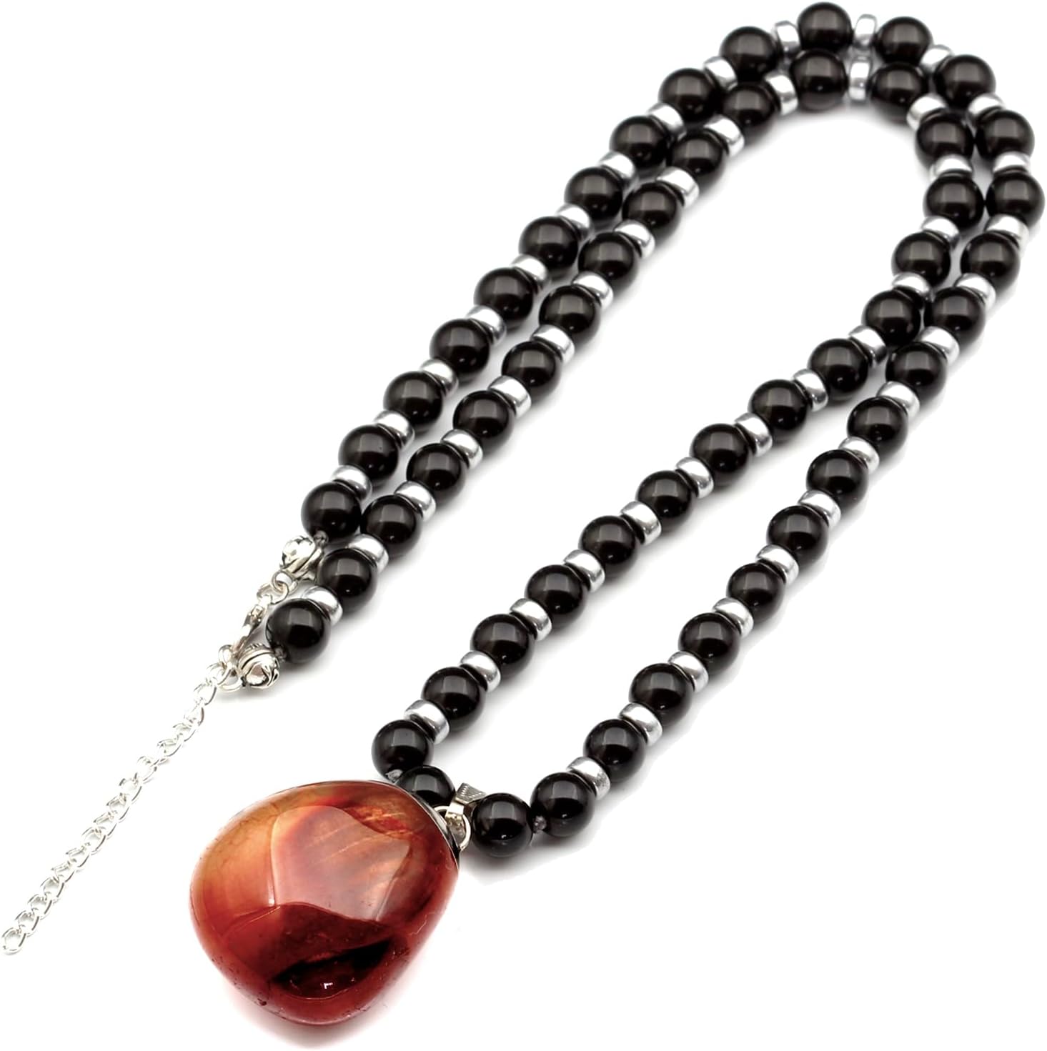 Natural Raw Tourmaline Pendant and Black Onyx Beaded Necklace