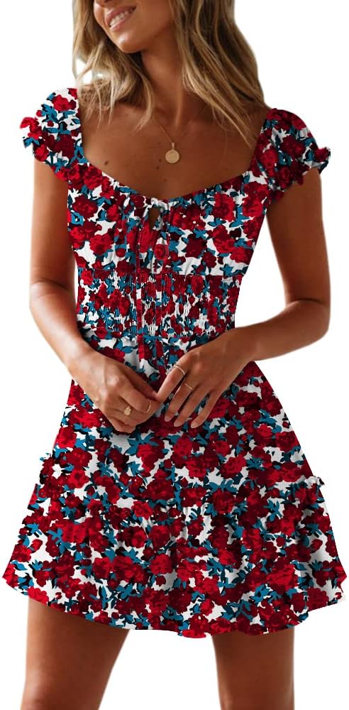 YOBECHO Womens Summer Ruffle Sleeve Sweetheart Neckline Dress