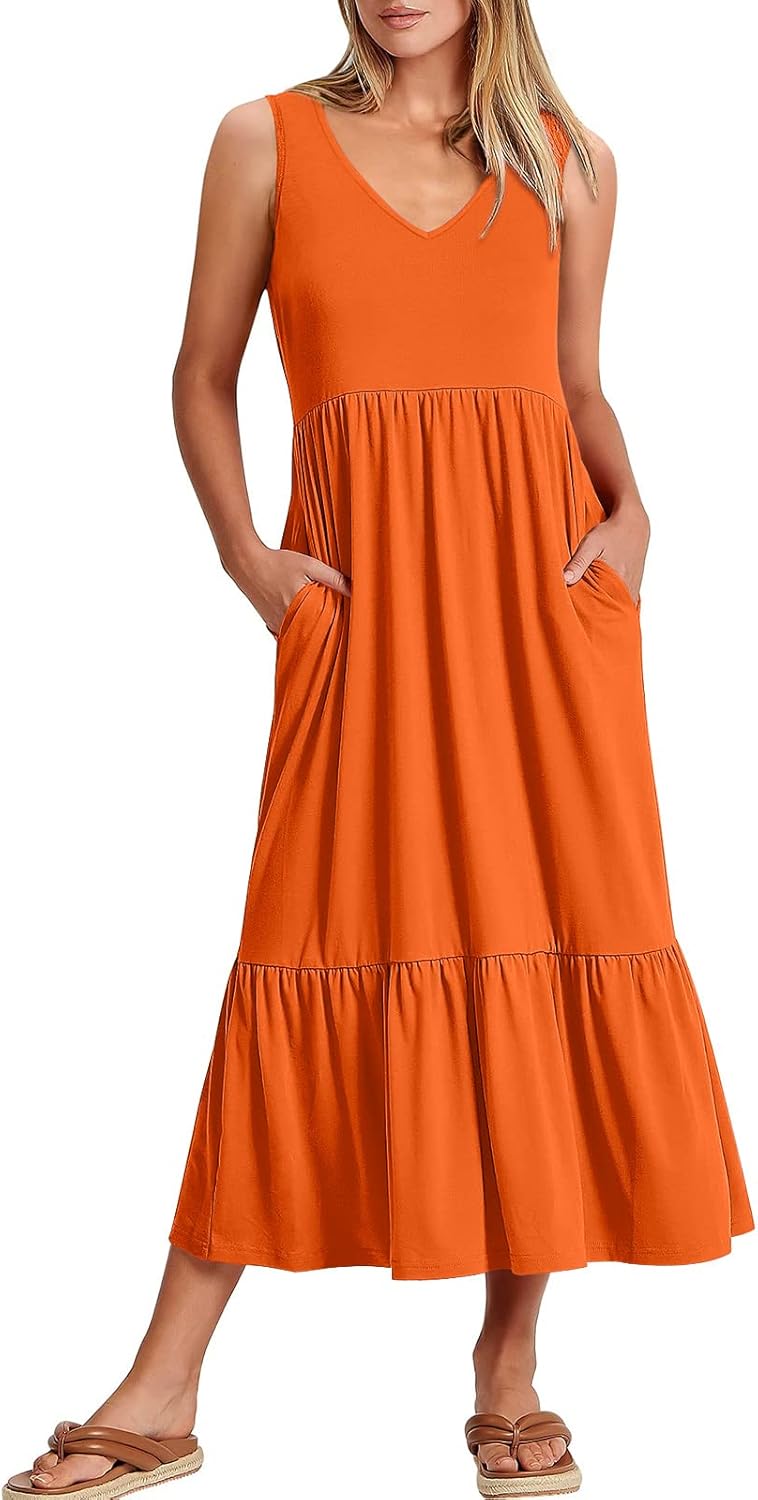 Womens Summer Maxi Dresses Fit & Flare Flowy V Neck Sleeveless