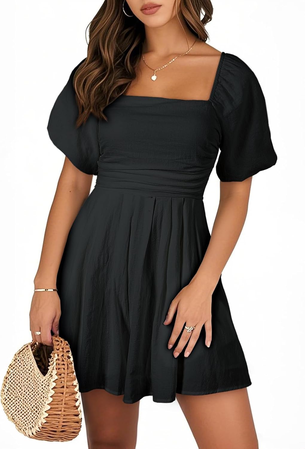 AlvaQ Womens Summer Cute Puff Sleeve Elastic Square Neck Romper