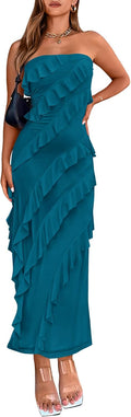 Women Strapless Midi Ruched Bodycon Dress - Elegant Summer Fit