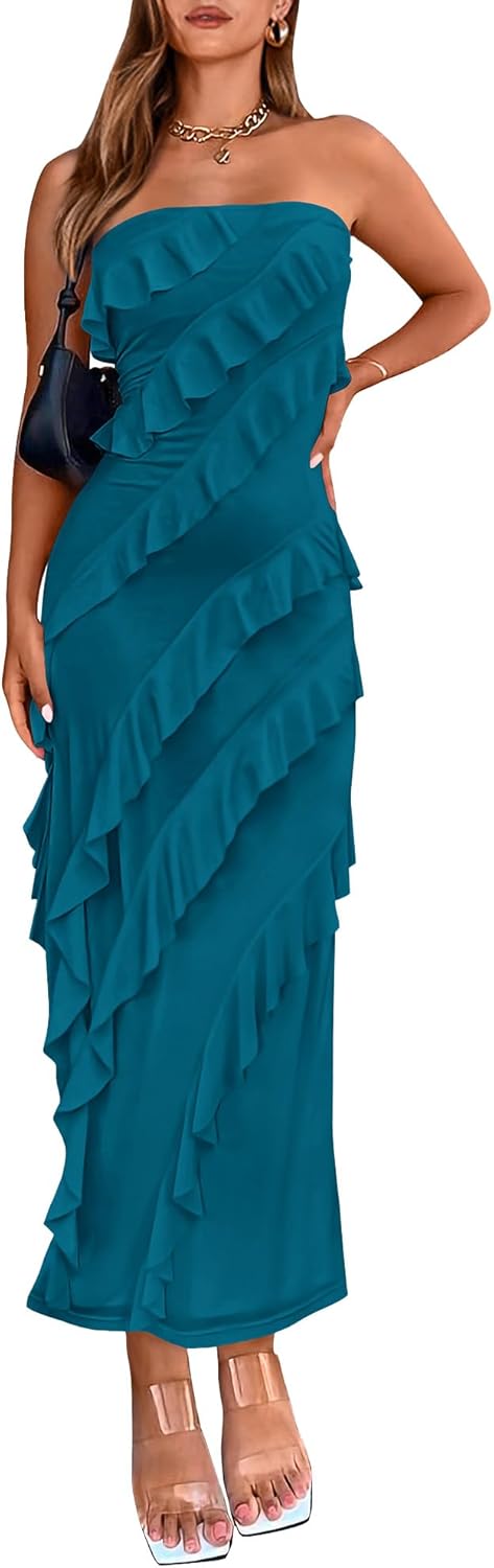 Elegant Strapless Midi Ruched Bodycon Dress for Women