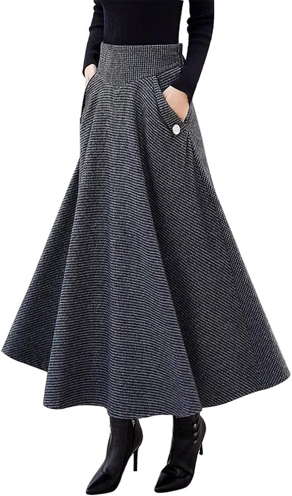 IDEALSANXUN Womens High Waisted Wool Plaid A-line Long Skirt