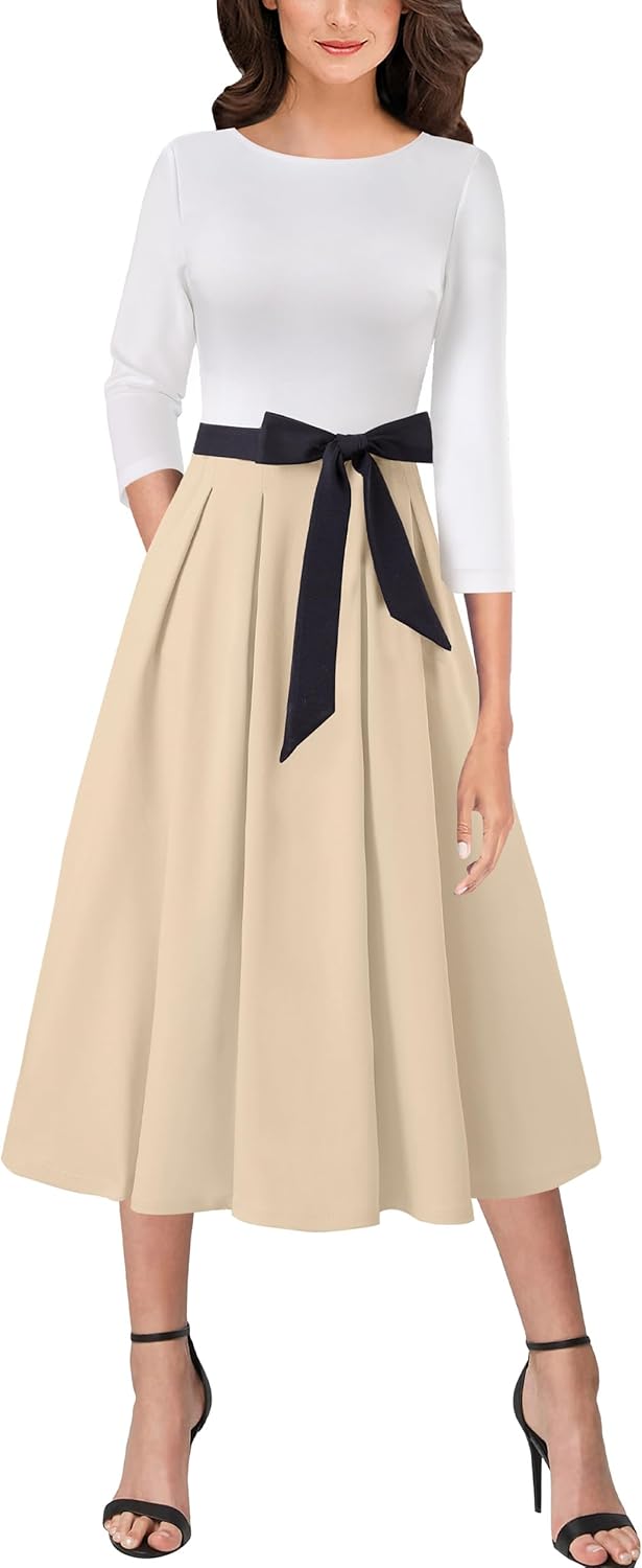 Elegant Pockets Belted A-Line Midi Dress for Women