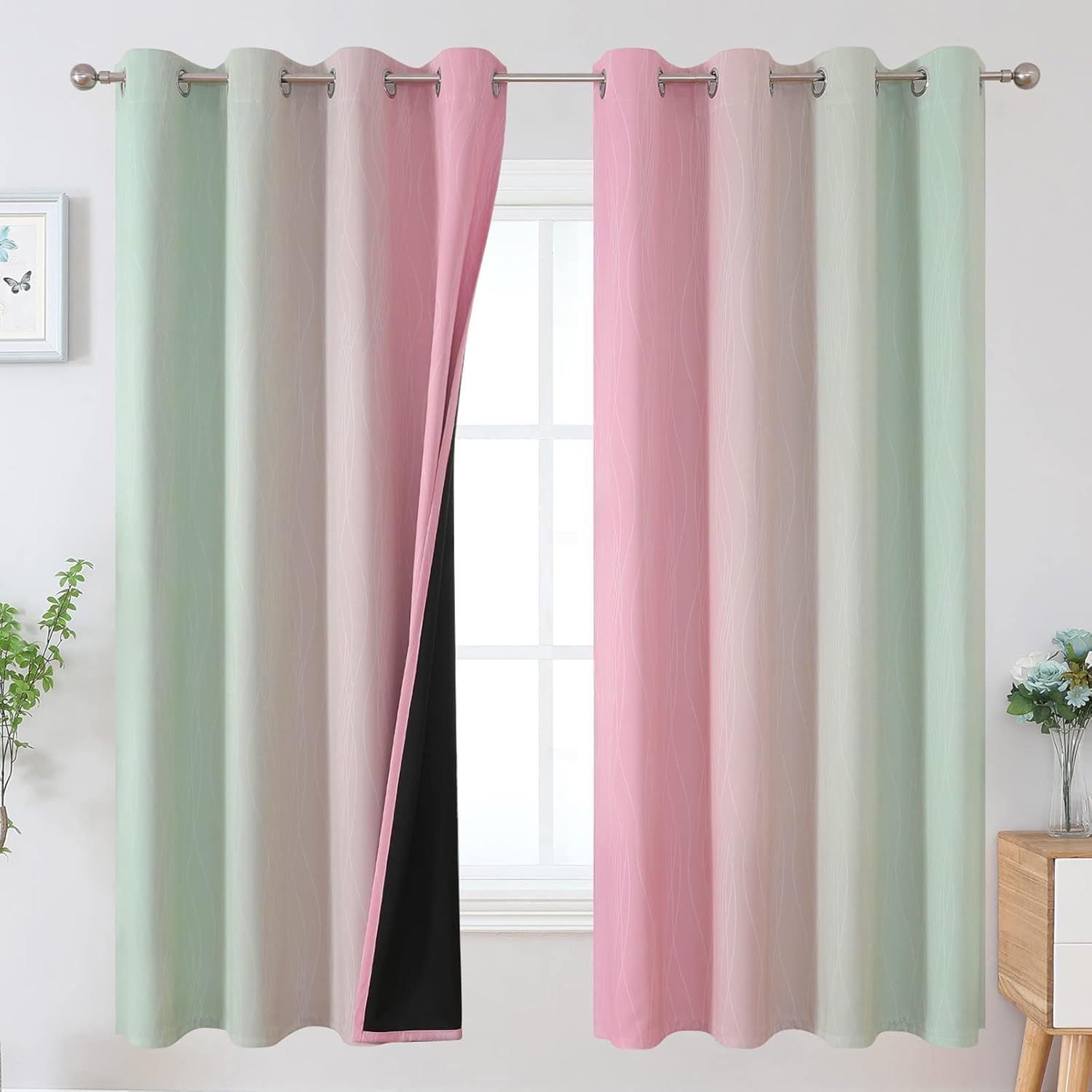 Ombre Sage Green and Pink Blackout Curtains for Kids Room